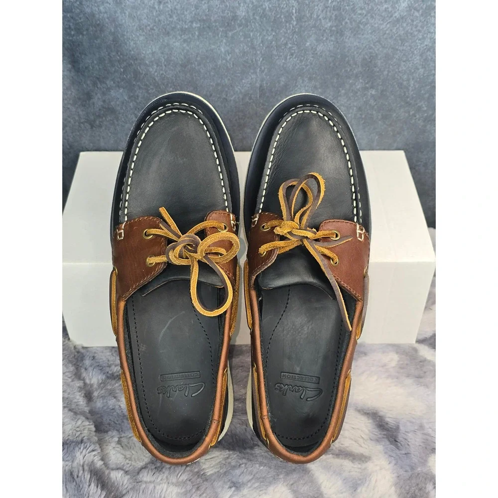 NWT Clarks Port View Boat Shoes Navy Brown Leather Nautical Mens 7.5 M